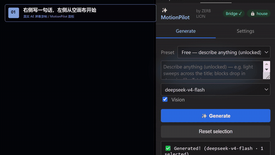 MotionPilot reads a sentence and writes editable keyframes inside After Effects